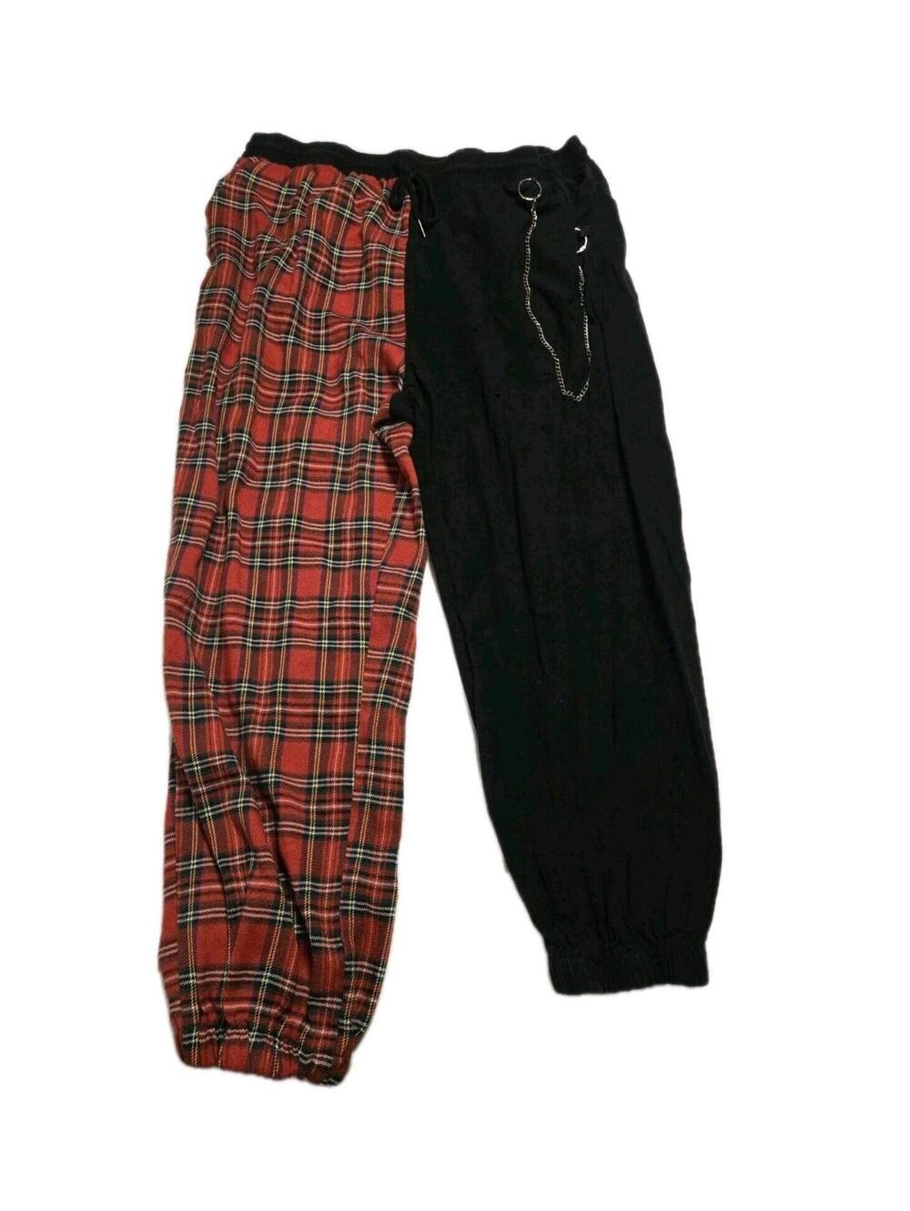 SHEIN Red & Black Plaid Split Leg Joggers Punk Grunge Pants With Chain Sz 20